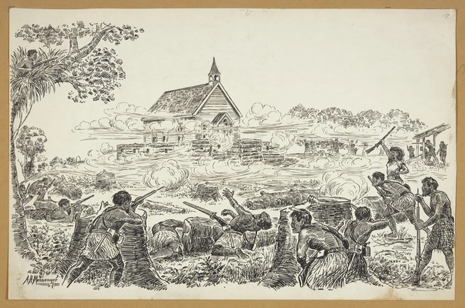 Messenger, Arthur Herbert, 1877-1962 :[The attack on the Pukekohe East Church stockade, 14 September, 1863] 1921