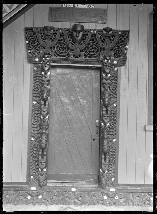 Closeup view of the doorway of Te Tikanga a Tawhiao meeting house at Ngatira, South Waikato