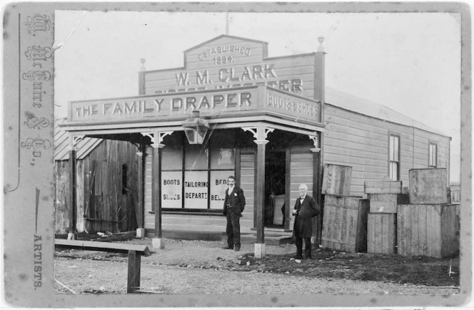 Walter Mace Clark and William Clark outside W M Clark drapers in Oxford Street, Levin