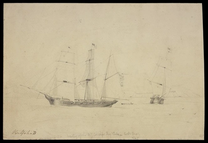 Heaphy, Charles 1820-1881 :Meeting of the N.Z. Co's ships Tory & Cuba in Cook's Straits, 1840