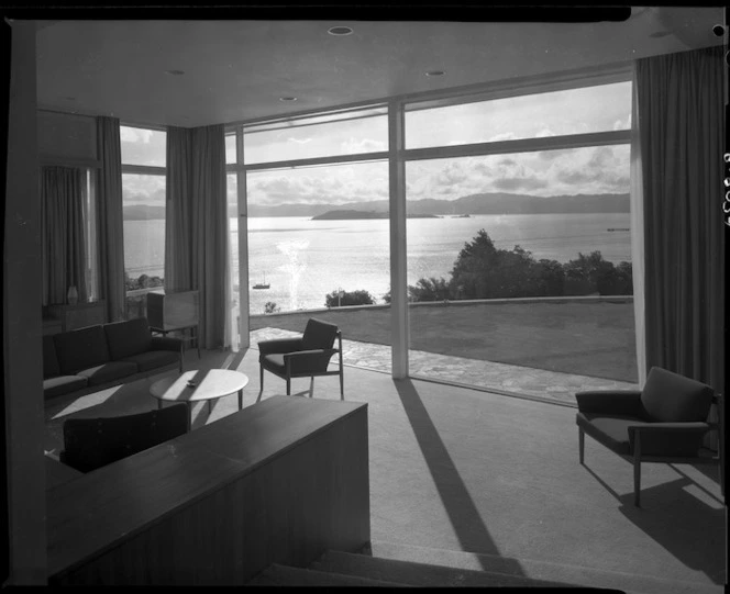 Living room interior of the Winn House, Lowry Bay