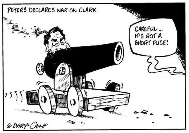 Peters declares war on Clark. "Careful... It's got a short fuse!" ca 2 August, 2002.