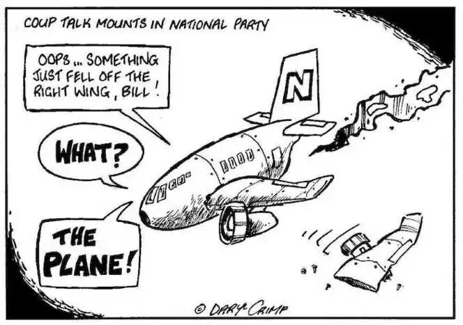 Coup talk mounts in National Party. "Oops... Something just fell off the right wing, Bill!" "What?" "The plane." ca 6 September 2002.