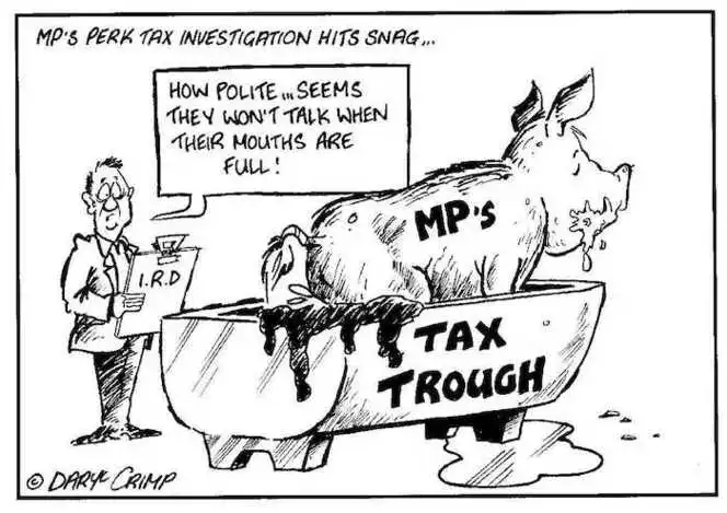 MP's perk tax investigation hits snag... "How polite... seems they won't talk when their mouths are full!" ca 3 September 2002.