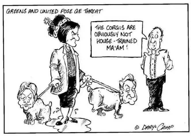 Greens and United pose GE threat. "The corgis are obviously not house-trained ma'am!" ca 1 August 2002.