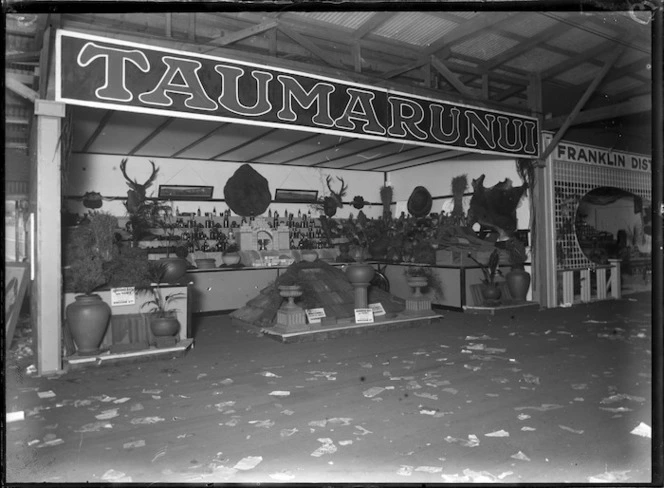 A stand at a trade fair in 1930, advertising products from Taumarunui