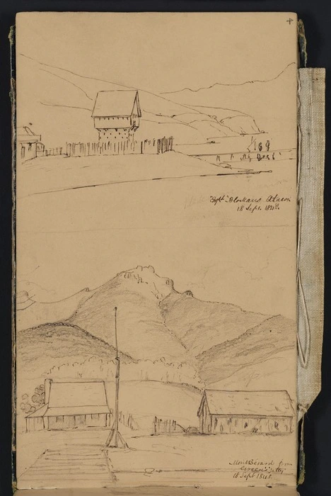 Mantell, Walter Baldock Durrant, 1820-1895 :'English' blockaus Akaroa 18 Sept 1848. Mont Berard from Green's jetty, 18 Sept 1848.