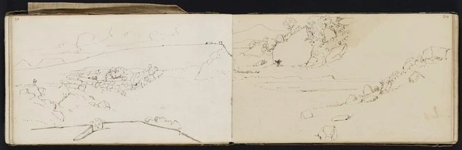 Mantell, Walter Baldock Durrant, 1820-1895 :[Gully with curious rock formations at upper end sweeping down to a bay. 1848.] [Gully with curious rock formations ..... in Otara Glen]