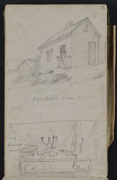 Mantell, Walter Baldock Durrant, 1820-1895 :Ye Magistrates House occupied jointly with [obliterated] Dunedin. [1850]