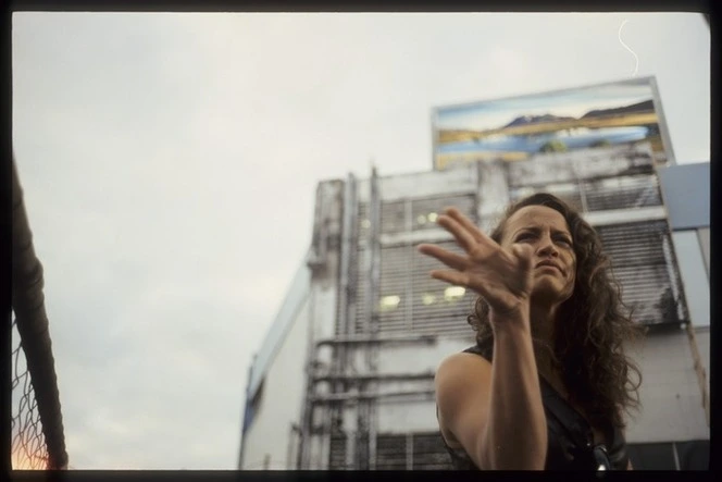 Once were warriors production still showing Beth Heke and scenic billboard, Auckland