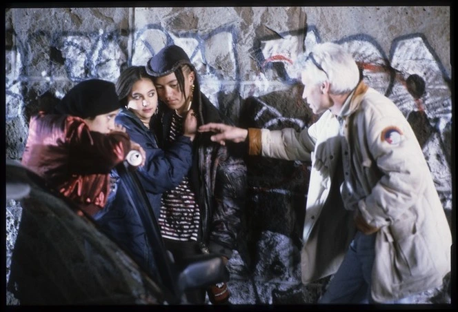 Director Lee Tamahori working with Taungaroa Emile and other young actors during the filming of Once were warriors, Auckland