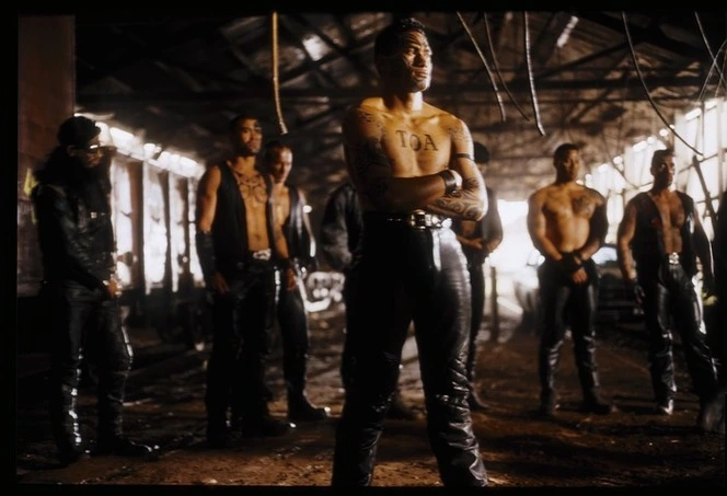 Toa gang members at gang headquarters during rehearsal of initiation scene in Once were warriors, Auckland