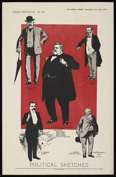 Bowring, Walter Armiger 1874-1931 :Political sketches - Christchurch ; Phineas Selig for the Christchurch Press Co. Ltd 1903