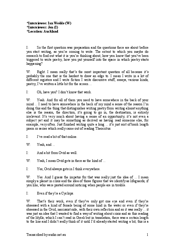 Webb, Jen (Prof), fl 1980-2015 :Transcripts relating to an interview with Ian Wedde in June 2012