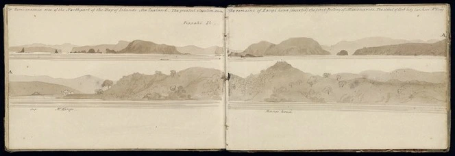 [Ashworth, Edward] 1814-1896 :Hemioramic view of the north part of the Bay of Islands, New Zealand. The greatest elevation shows the remains of Rangihoua (deserted) the first footing of Missionaries. The oldest of that body lives near here Mr. King. [1844]