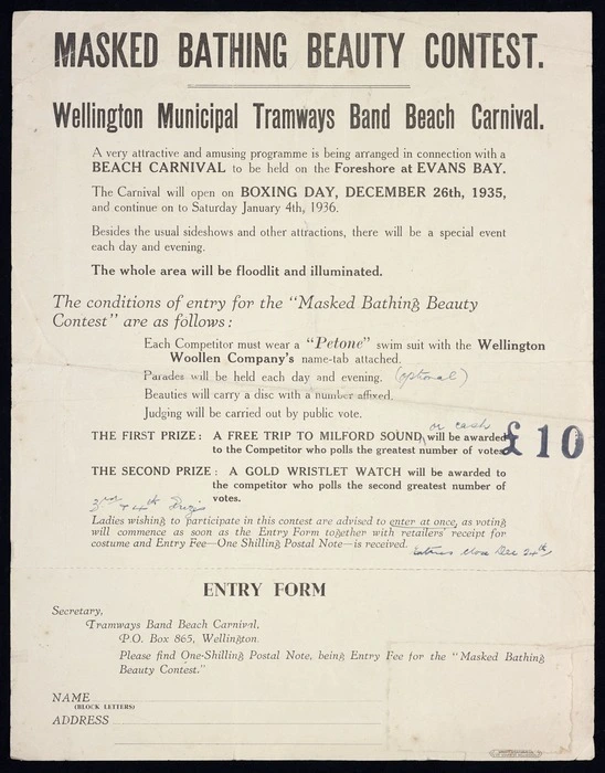Wellington Municipal Tramways Band Beach Carnival: Masked bathing beauty contest ... Evans Bay, December 26th, 1935. Wright & Carman Ltd., 177 Vivian St., Wellington.