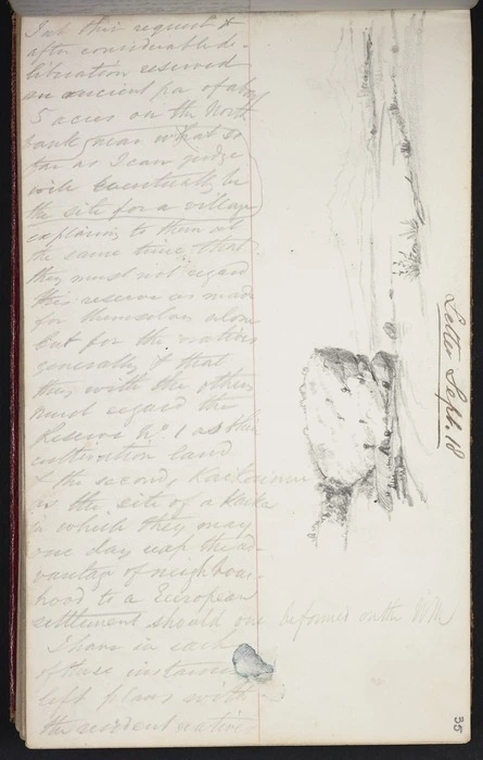 Mantell, Walter Baldock Durrant, 1820-1895 :Letter Sept 18 [Akaroa, continued]. [Unidentified bay, whare, a large rock and hills in the distance 1848]