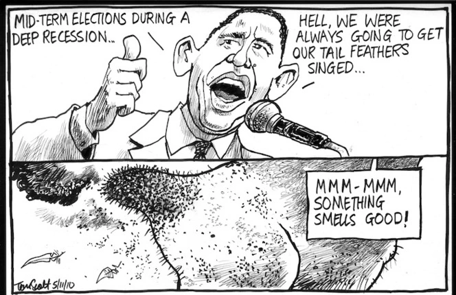 "Mid-term elections during a deep recession... Hell, we were always going to get our tail feathers singed... Mmm mmm, something smells good!" 5 November 2010