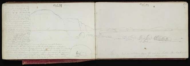 Mantell, Walter Baldock Durrant, 1820-1895 :Sunday Oct 29. [1848] returning from the whaling station, Onekakara. Heptaria from Blue Clay. [Diary] Oct 29. [1848]