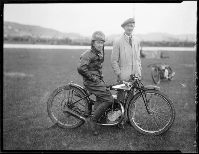 Speedway rider Horace Lucchesi, on Rudge motorcycle, at Kilbirnie stadium