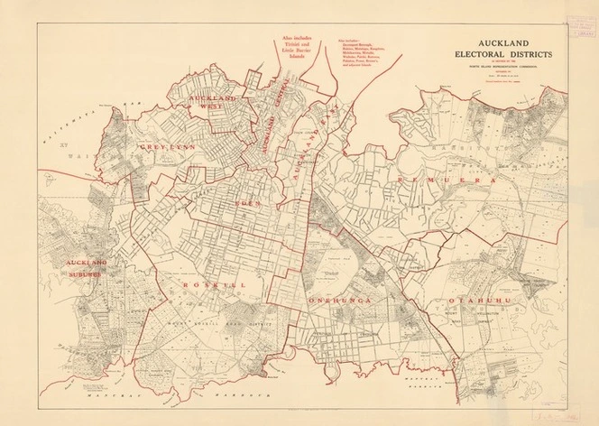 Auckland electoral districts as defined by the North Island Representation Commission, September 1937.