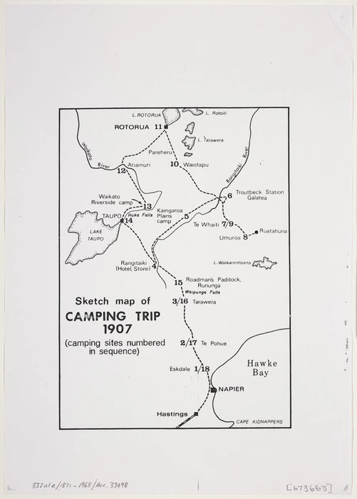 [Creator unknown]: Sketch map of camping trip, 1907 [copy of ms map]. (Camping sites numbered in sequence)