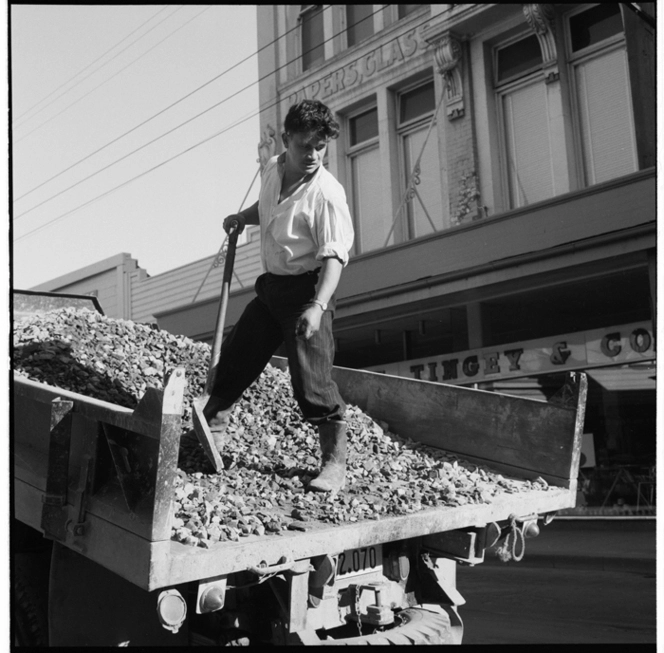 Maori men removing the tram rails, Manners Street, Wellington