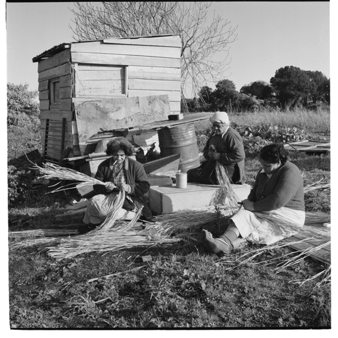 Mangere, Auckland - Preparing kiekie for tukutuku panels; Workers lunch break and market gardeners