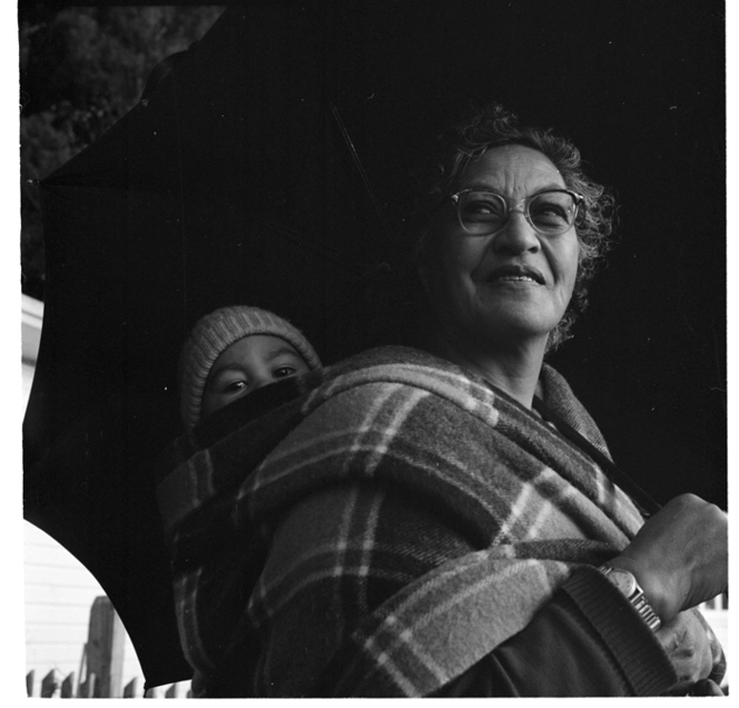 Grandmother and child at worker's camp, possibly Putaruru