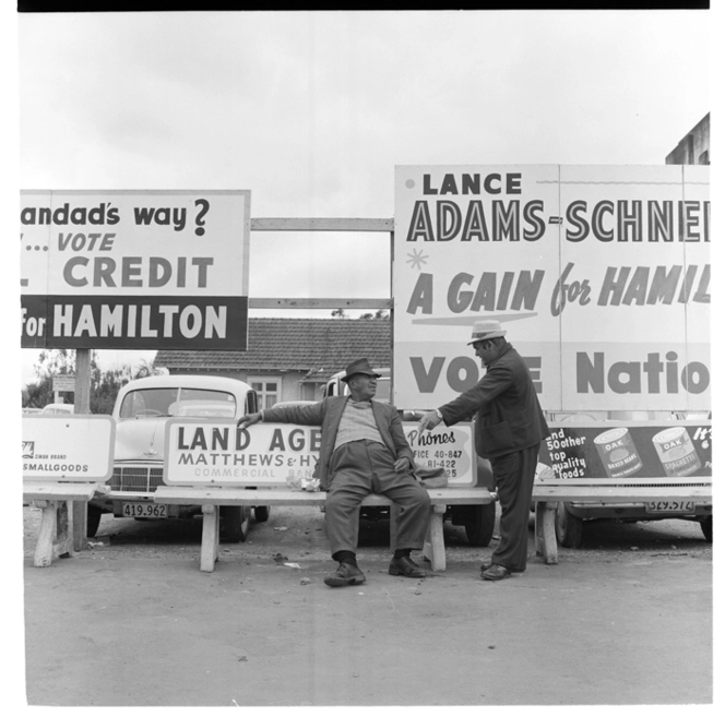 Voting billboards and inside Woolworth [sic], Hamilton; college, possibly Ngaruawahia