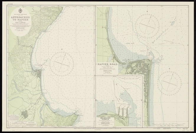 Approaches to Napier / surveyed by C.C. Lowry, H.M.N.Z.S. Lachlan, 1953-54. Napier Road / surveyed by G.S. Ritchie, H.M.N.Z.S. Lachlan, 1953-54.