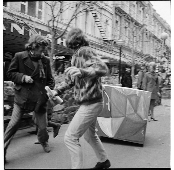 Students' Arts Festival, Wellington, 1970. Outdoor 'paint-in' and bubble blowing in Cuba Mall; church service in St Andrew's on the Terrace