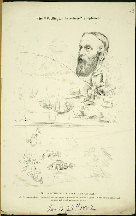 Hutchison, William, 1820-1905 :The Ministerial office bait. No. 21. Mr H. can confidently recommend ths bait to the attention of all political anglers. It has been in use several months, and is still as tempting as ever. The Wellington Advertiser supplement. [1882]