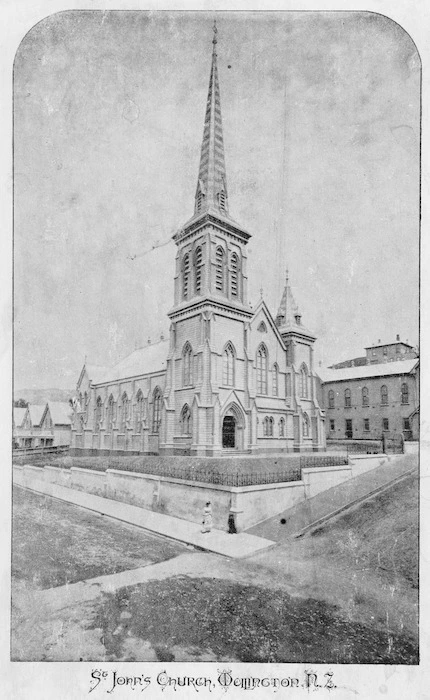 View of St Johns Presbyterian church, on the corner of Willis and Dixon Streets, Wellington