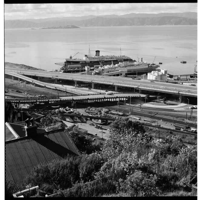 Columbian training ship, Gloria; and the ship Maori in dry dock, Wellington