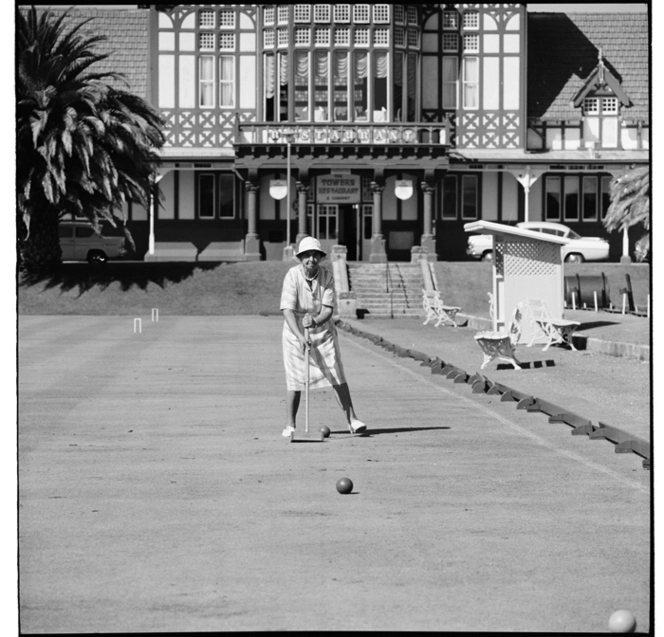 Croquet on the croquet lawn, and women's bowls on the bowling greens in front of the Bath House, Rotorua