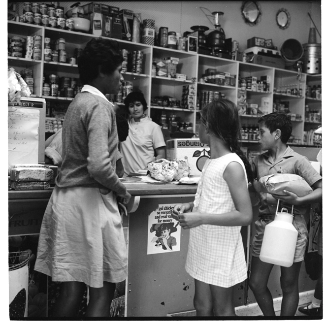 Te Araroa general store, and, a man and child on a horse in East Cape area, 1971.