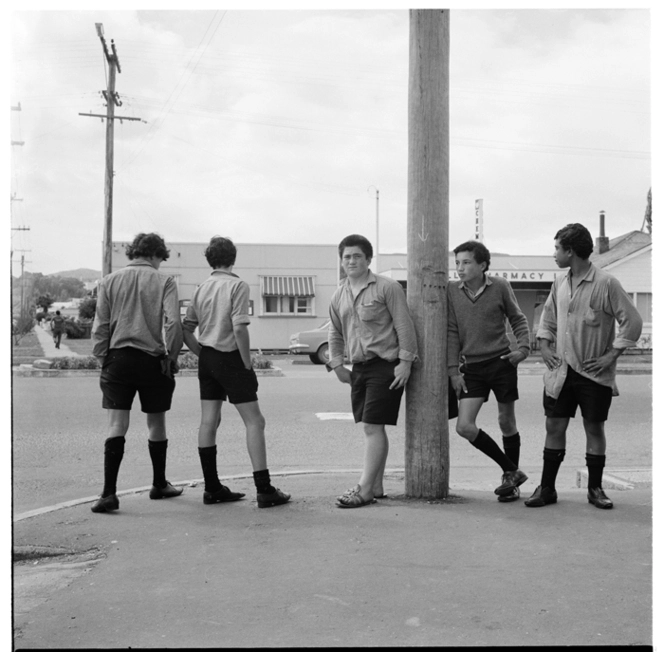 College boys on a street corner in Gisborne, 1971.
