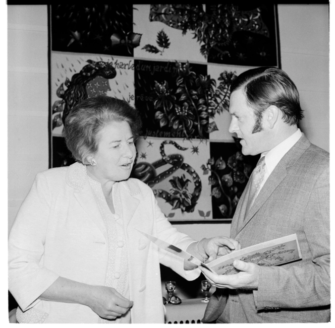 Opening of a French tapestry exhibition at the Wellington Art Gallery, 1971.