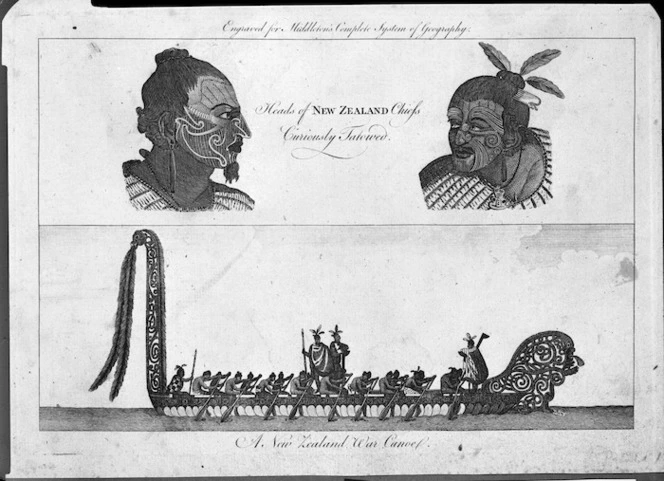 [Parkinson, Sydney] 1745-1771 :Heads of New Zealand Chiefs, curiously tatowed. [London; Printed for J Cooke, 1778-79]