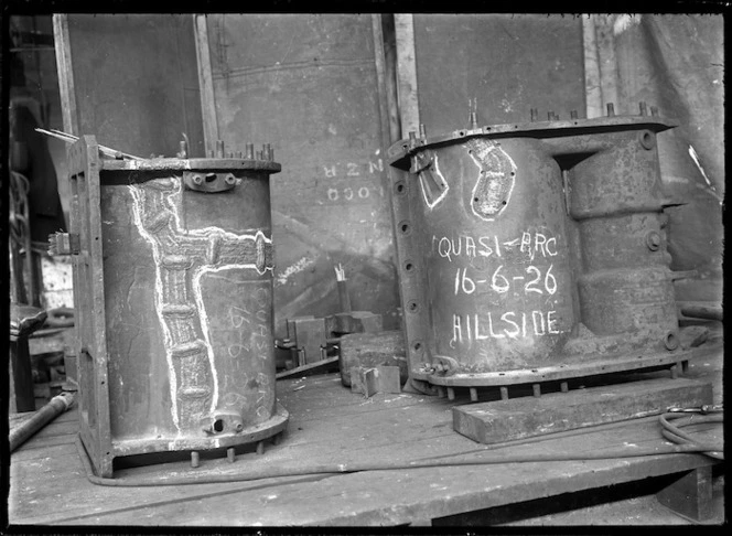 Locomotive cylinder welded by quasi-arc process.