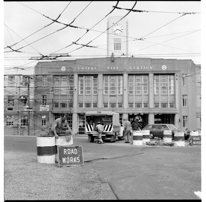 Roadworks at the Wakefield Street - Cambridge Terrace intersection, 1974.