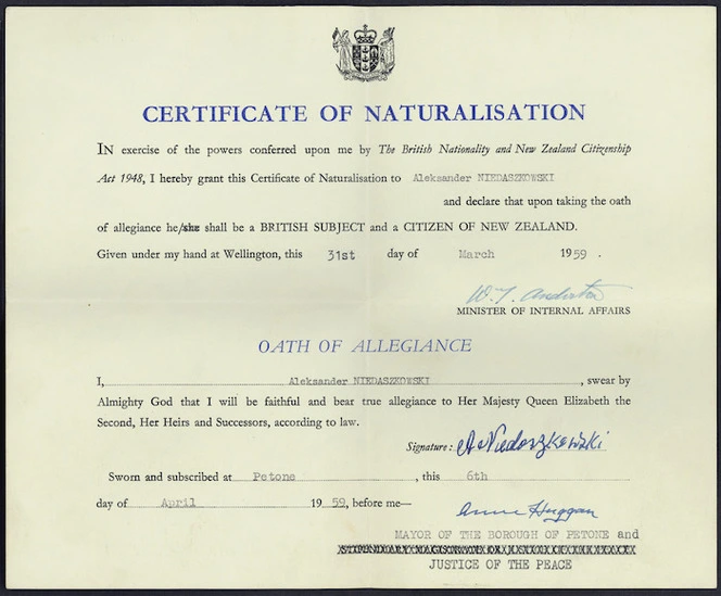 Certificate of naturalisation for Aleksander Niedaszkowski