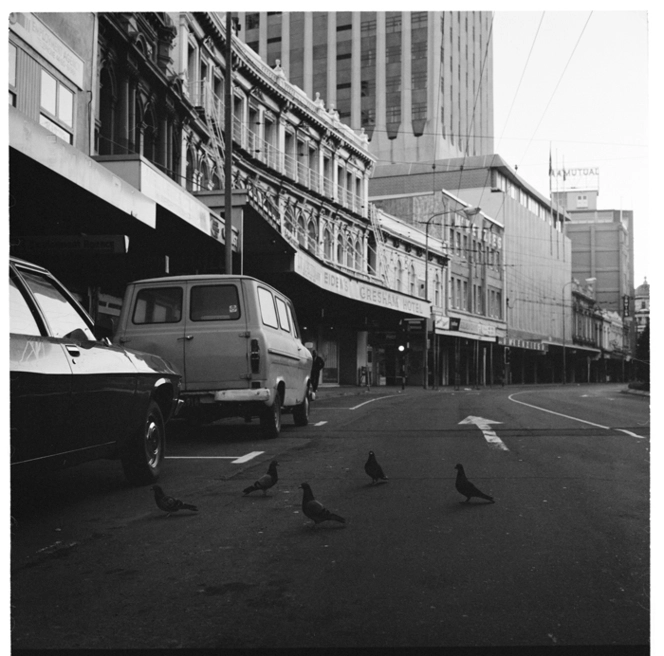 Lambton Quay, the Gresham Hotel and Farmers, and, Taranaki Street wharf area