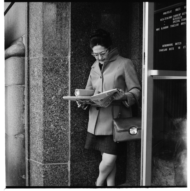 Outside the Chief Post Office, Queen Elizabeth II Square; bus stop, Commerce Street; Custom Street; and corner of Custom Street and Queen Street, Auckland