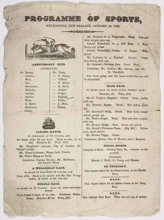 Programme of sports, Wellington, New Zealand, January 22, 1845. Anniversary fete; ... sailing match [etc. 1845]