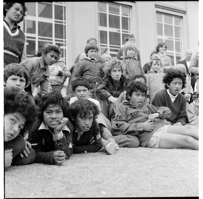 Spectators on the lawn outside Wellington Public Library