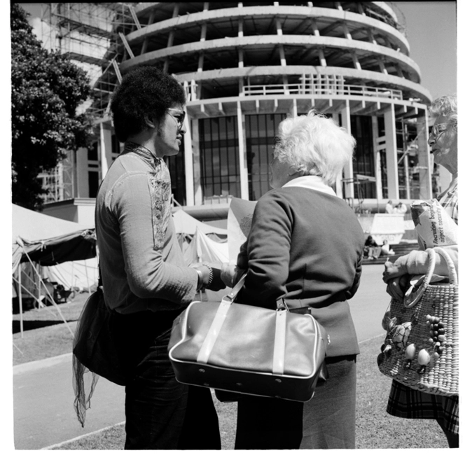 Māori land protesters and their camp in Parliament grounds, October 1975