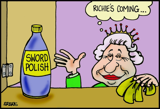 Queen Elizabeth polishes her sword for Richie McCaw