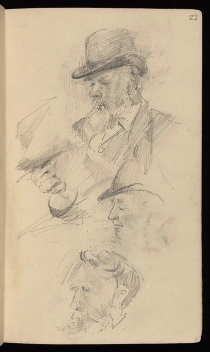 Hodgkins, Frances Mary 1869-1947 :[Man in hat, reading. Unfinished profile of man wearing hat. Man with beard. ca 1890]